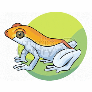 This clipart image depicts a stylized cartoon frog. The frog has an orange head and light blue body, and it is positioned as though it's ready to leap. The frog is set against a circular background that transitions from white to a light green hue, suggesting a simplified representation of its natural habitat.