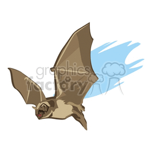 The clipart image displays a cartoon illustration of a brown bat with outstretched wings, appearing to be in flight. The bat's mouth is open, showing its teeth, which gives it a slightly menacing look that might associate it with vampire mythology or Halloween themes. The background includes a blue shadowy streak suggesting motion.