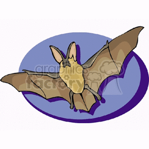 This clipart image features a brown bat with outstretched wings against a purple background. 
