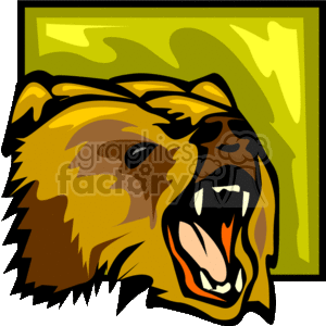 This is a stylized clipart image of a bear's head in profile. The bear appears to be grizzly, depicted with brown tones and displaying a growling or snarling expression. It has bared teeth in an open mouth, suggesting an aggressive or defensive posture which might be seen as an indication of an attack. The background contains abstract shapes in shades of green and yellow. The artwork captures details like the texture of the fur and the fierce expression of the bear, characteristics often associated with the term predator.