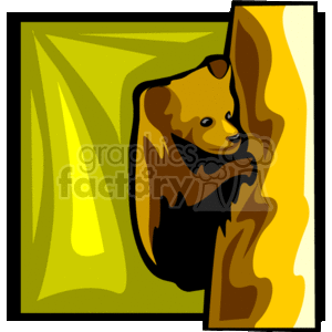 This image is a stylized clipart depicting a brown bear cub climbing a tree. The bear cub is drawn with exaggerated features to give it a cute appearance, and the tree has a simplistic artistic rendering. The background of the image is a gradient of yellow and green, which might represent sunlight filtering through the leaves in a forest.