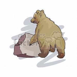 The clipart image features a cartoon bear that appears to be a grizzly. It is depicted in a side profile facing away from the viewer, with a focus on its back and tail. The bear is illustrated with brown fur and appears to be sitting or standing next to a rock.
