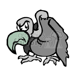 This clipart image depicts a cartoon of a vulture. The vulture appears to be standing, with a large beak, a pronounced brow, and its wings partially folded.