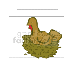 The clipart image depicts a hen sitting in a nest. The image is stylized and simplified, featuring a brown hen with a red comb and wattle, indicating that it is likely a female. The bird is shown roosting in a nest constructed of what appears to be straw or similar material, which is typical behavior for a hen that may be laying or incubating eggs. The overall theme of the image suggests concepts related to poultry, farming, and the natural behavior of birds such as chickens.