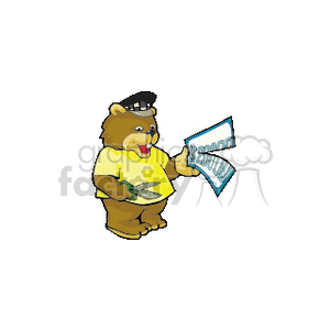 This clipart image features an anthropomorphic bear dressed in a yellow shirt and a cap, holding a pair of scissors in one hand and what appears to be a paycheck or money in the other hand.