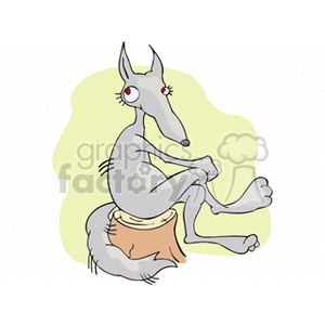The clipart image depicts a cartoon representation of a wolf or a dog with exaggerated features. It has red eyes and is seated in an anthropomorphic pose, with its hind legs stretched out and front legs appearing more like human arms. Its ears are pointed upwards, and it has a tuft of hair on its head. The creature is wearing a small piece of cloth around its waist, like a skirt or loincloth.