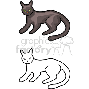 The clipart image shows two cartoon-style cats. The cat on the top has a dark, possibly brown or black coat, with striking green eyes and a sleek body, which might be associated with superstitions or Halloween themes. The other cat is white with a more relaxed posture and its details are not as defined; it lacks facial features and appears as a silhouette.