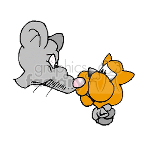 The image is a simplistic cartoon drawing showing a grey mouse facing to the left and a yellow-orange cat facing right, with both characters depicted from the side. The mouse appears to be larger than the cat and is holding the cat's head, who is clenching its fists and appears to be in a submissive or defeated posture. The expressions and the nature of interaction suggest a role reversal theme, where the typically preyed-upon mouse is assuming a dominant role over the cat, often its predator.