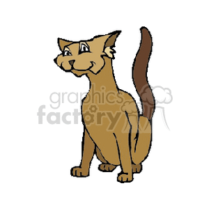 The image is a simple clipart illustration of a brown cat. The cat appears to be standing with its tail up, and it has a slightly animated or cartoonish look. Its expression seems curious or attentive.