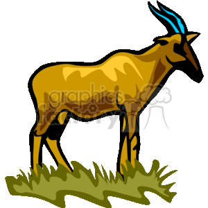 The image is a clipart of an antelope standing on grass. The antelope is stylized with a golden-brown body and is depicted with blue horns, suggesting an artistic element rather than a realistic representation of the animal. It is a simple, graphic illustration typically used for decorative or educational purposes, like in storybooks or for teaching materials about wildlife.