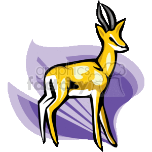 The clipart image features a stylized representation of an antelope, distinguished by slim legs, a sleek body, and prominent, pointed horns. The animal is depicted in a standing pose with its head turned slightly to the side, which gives it an elegant and alert appearance. The color palette consists of yellows and blacks for the animal and shades of purple for the background swish design, adding a dynamic and artistic touch to the overall image.