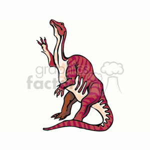 The clipart image depicts a colorful cartoon dinosaur with red and purple stripes. The dinosaur is standing with one of its front limbs raised, resembling a pose typical of a theropod. It has a long tail and seems to be designed in a playful and simplistic style suitable for children's educational material or decorative purposes.