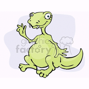 The image is a simple and cartoonish illustration of a green dinosaur. The dinosaur appears friendly and is standing upright on its hind legs with a slight smile and wavering its right hand as if gesturing hello.