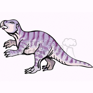 The image is a cartoonish depiction of a purple-striped dinosaur in a profile view. It has a large head, big eyes, and it's standing on all four limbs with a slightly curved tail.