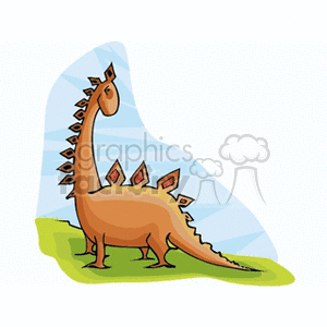 The image is a playful cartoon representation of a brown dinosaur that has characteristics similar to a Stegosaurus, known for the plates along its back and spikes on its tail. However, this depiction is stylized and simplified for a humorous or child-friendly appeal. The dinosaur is set against a backdrop that hints at a blue sky and green ground, suggesting an outdoor, possibly prehistoric environment.