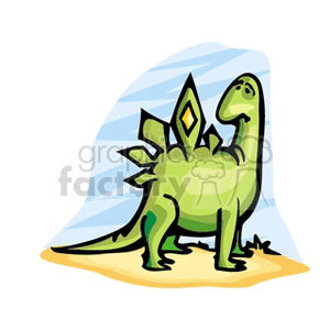 The image features a stylized cartoon of a green dinosaur in a whimsical style. It has a pleasant facial expression, standing on two legs with a row of diamond-shaped plates or spikes along its back, which is a typical characteristic of a Stegosaurus, although the illustration simplifies and exaggerates the features for a playful effect. The dinosaur is set against a background with a blue gradient, which might represent the sky, and is standing on what appears to be sandy ground. The simplicity and cheerful nature of the image suggest it might be designed for children's materials or for a light-hearted context.