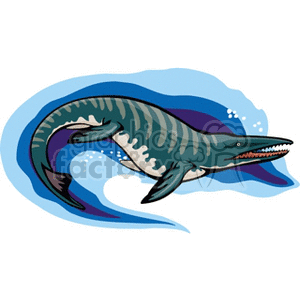 The clipart image displays an Ichthyosaurus, a type of marine reptile from the era of dinosaurs. The Ichthyosaurus is depicted swimming in water, which is indicated by blue waves and water bubbles around it.