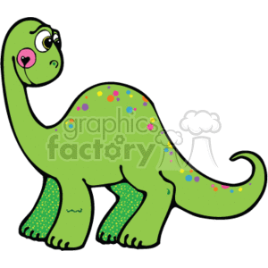 This image shows a cute, stylized cartoon dinosaur with country-style features. The dinosaur is green with a long neck and is decorated with multicolored spots on its back and patches of a lighter shade displaying a pattern on its knees. It has a round eye with a pink heart-shaped detail, giving it a charming and friendly appearance.