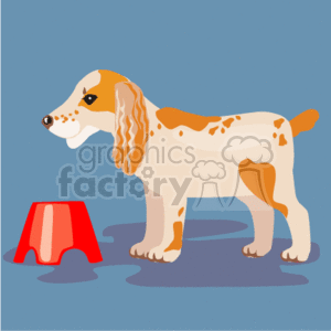 The clipart image features a cartoon representation of a dog, which could be interpreted as a puppy due to its stylized and simplified design. The dog has a tan and white coat with spots, floppy ears, and a small tail. Next to the dog is a red dish, which could represent a food or water bowl. The background is a solid blue color, emphasizing the subject.