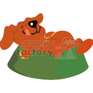 The clipart image shows a cartoon-style dog, lying in its food bowl facing upwards, with its tongue sticking out. It has brown fur, floppy ears, and black eyes and nose, with its tongue looking as if its 'licking its lips' after having a full meal