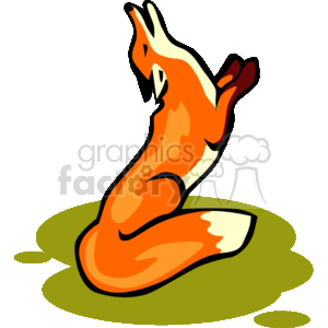 The image is a stylized clipart of a fox. The fox appears to be in a playful or jumping pose, with its body curved and its tail following along. The predominant colors are shades of orange, with accents in white and black to define its features. The fox is standing on a simple green shape that could represent the ground or grass.