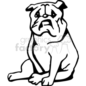 This clipart image features a stylized, black and white illustration of a bulldog. The dog is sitting down with a characteristic wrinkled face, and a sturdy, muscular build typical of the breed.