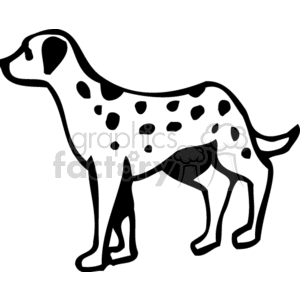 This is a black and white clipart image of a Dalmatian dog. It features the characteristic spots of a Dalmatian and depicts the canine in a standing profile position.