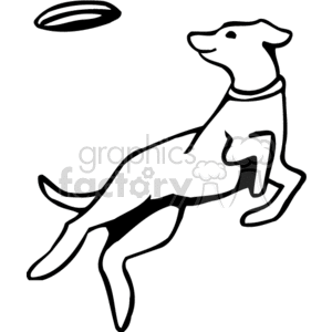 The image is a simple black and white line drawing of a dog leaping up towards a flying frisbee. The dog appears to be in a playful and active pose, commonly associated with the action of catching a frisbee during play.