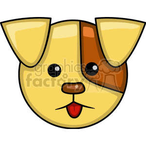 The image is a clipart representation of a cartoon dog's face. The dog has a round face with large floppy ears, two-toned coloring, a small black nose, round eyes, and a tongue sticking out slightly.