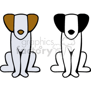 This is a clipart image featuring two stylized dogs sitting side by side. They are depicted in a simplified manner with prominent ears, one with tan spots on its ears and the other with black spots. These cartoon-like dogs have large black spots over their eyes, giving them a distinct appearance.