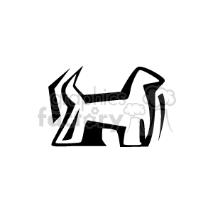 The image is a black and white clipart of a stylized dog. It features a simplified, abstract representation of a dog in a bold, graphic style.