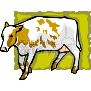 This clipart image features a stylized depiction of a cow. The cow is standing and appears to be white with brown spots. Its backdrop suggests it could be on a farm or in a pasture with green indicating grass or field around it. The image is a simple and graphic representation often used for educational materials, children's books, or promotional graphics related to farming, dairy, or agriculture.