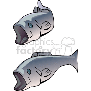 The clipart image features two illustrations of fish, specifically largemouth bass, depicted in a cartoonish style. The fish are positioned in different angles, one facing upwards and the other sideways, and they have a characteristic large open mouth.