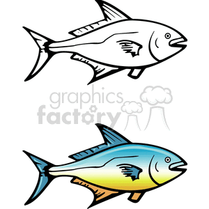 The clipart image depicts two stylized fish, one above the other. The top fish is presented in black and white outline, and the bottom fish is colored, featuring shades of blue and yellow, which gives it a more tropical appearance. Both fishes share the same design, displaying a side profile with visible fins and detailed body contours.
