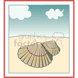 The clipart image depicts two seashells on a sandy beach. In the background, there is a calm sea with a blue sky and a couple of fluffy white clouds.