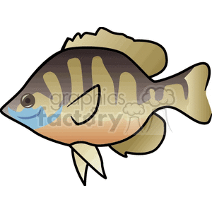 The image is a clipart of a stylized tropical fish. The fish has a pattern of stripes on its body and appears to be swimming to the left. The colors include shades of brown, beige, and touches of blue around the eye and gill area. The clipart has a cartoonish design with simple outlines and a limited color palette, suitable for use in educational materials, websites, or as part of an aquarium-themed graphic design project.