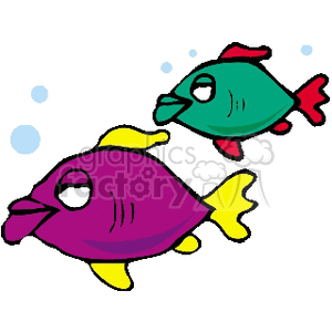 The clipart image features two cartoon fish, one purple and one green, with yellow fins and red accents. The background includes blue bubbles, suggesting an underwater scene.