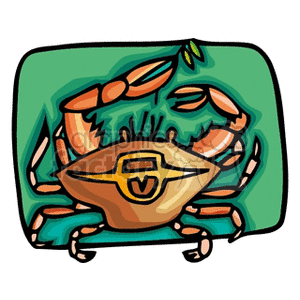 The image is a stylized clipart of a crab. The crab is primarily orange with some accents of lighter shades and black lining to define its features. It has two eyes, six legs, two claws, and a patterned shell with what appears to be a symbol or emblem in the center. The crab is placed against a greenish-blue background.