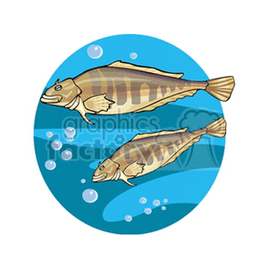 The clipart image displays two striped fish swimming underwater with bubbles around them. The background is divided into two halves; the top half is a plain light blue, while the lower half has a darker blue gradient suggesting a water environment.