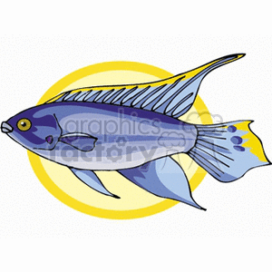 The image features a stylized illustration of a tropical fish. The fish has a streamlined body with fins and is predominantly blue with hints of yellow. It is set against a yellow circular background which may represent the sun or light to accentuate the fish.