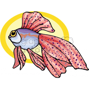 The image is a colorful clipart illustration of a tropical fish. The fish features exaggerated, large, pink fins speckled with dots, a predominant dorsal fin, and a whimsical design that conveys a sense of exotic marine life.