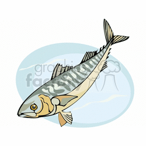 The clipart image displays a stylized portrayal of a fish with a pattern of lines and shapes on its body, prominently featuring a dorsal fin, pectoral fins, and a forked tail. It is placed against a light blue background with subtle wave-like accents, suggesting a watery environment.