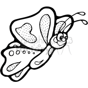 The image is a black and white line drawing of a stylized butterfly in a country or patchwork style. The butterfly has various patterns on its wings, such as hearts and dots, which are typical of a patchwork design. The insect is depicted with a happy facial expression, with both eyes visible and a smile. It also features antennae, an integral part of a butterfly's anatomy. There are no colors in the image, as it is a line art suitable for coloring or for use as a simple graphic.