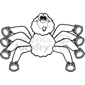 The clipart image depicts a stylized, funny country-style spider. The characteristics that make it seem country-styled could be attributed to its cartoonish and whimsical appearance, which might invoke imagery associated with rural or country aesthetics in a humorous way. The spider has a round body with a simple face, eight fluffy-looking legs, each ending in what appears to be little boots or shoes, which adds to the amusing and anthropomorphic quality of the image. The overall theme seems to be light-hearted and aimed at creating an amusing take on spiders.