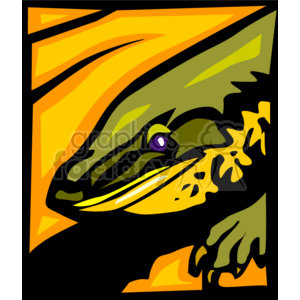 The clipart image features a stylized representation of a lizard (iguana). The colors are bold and vibrant, with a predominance of yellows, greens, and oranges. The lines are thick and have a dynamic quality, suggesting movement or energy. The background consists of angular shapes adding to the overall abstract and graphic style of the image.
