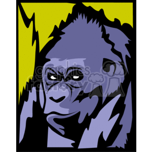 This is a stylized clipart image of a gorilla's face. The gorilla appears to be depicted with a somewhat stern or contemplative expression. The image uses a limited color palette primarily consisting of shades of purple, black, and a yellow background. The gorilla's features such as eyes, nose, ears, and facial contours are simplified and exaggerated, which is characteristic of clipart illustrations.