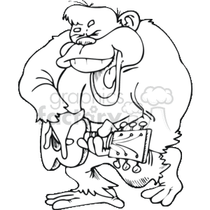The clipart image depicts a cartoon of a gorilla playing a guitar. The gorilla is drawn in a stylized manner, with exaggerated features like large hands, arms, and a prominent mouth. The guitar appears to be an acoustic one, hinted by its shape and the depicted sound hole. The gorilla is holding the guitar by its neck and body, giving the impression that it is strumming or playing the instrument. The image is in black and white with a sketch-like quality, typical of clipart illustrations.