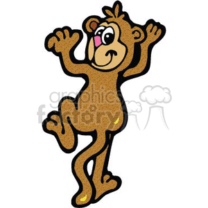 The image contains a clipart illustration of a monkey. The monkey is depicted in a playful pose, standing on one leg, with the other foot lifted, and both arms raised as if dancing or celebrating. It has a smiling face, suggesting a happy or jovial character.