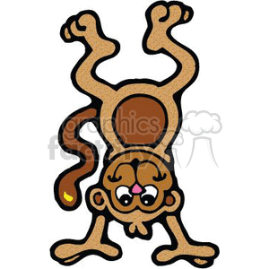 This image depicts a cartoon drawing of a monkey. The monkey is drawn in a playful and exaggerated style, standing upside down on its hands with its feet in the air. Its tail is curled to one side, and it has a surprised or shocked expression on its face with wide eyes and raised eyebrows.