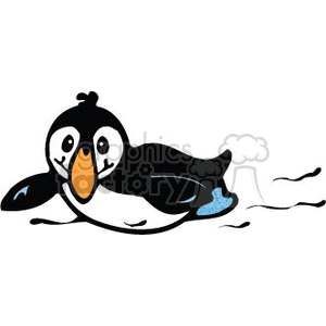The clipart image depicts a cartoon penguin sliding on its belly with its wings outstretched. It appears to be sliding across the ice, as indicated by the smooth, wavy lines behind it that suggest movement. The penguin is black and white with a large orange beak and blue detailing under its flippers, which could represent a splash of water or the color of its flippers. The penguin has a jovial expression, suggesting it is enjoying the activity. This image captures a playful scene often associated with penguins in their icy, winter habitats.